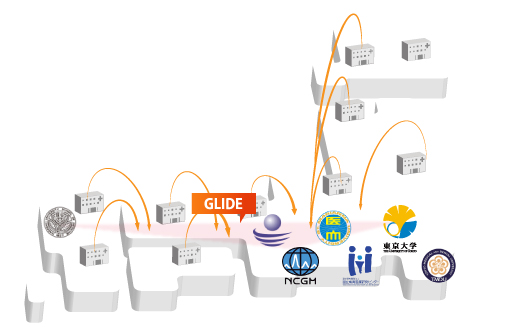 国立国際医療研究センター、藤田医科大学、長崎大学医学部を中心とするGLIDEは、日本国内の多くの施設と緊密に連携しネットワークを形成します。